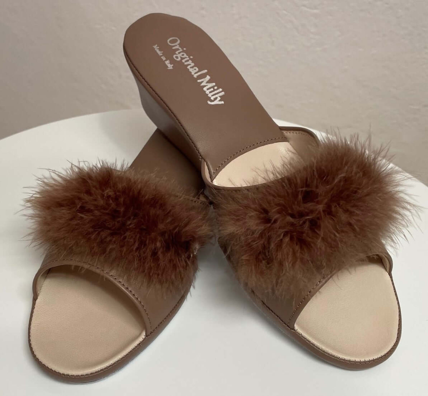 0102 Nappa Taupe con Piuma Suola Bufalo Ciabatte da camera Donna Original Milly Made in Italy - Foto N 5