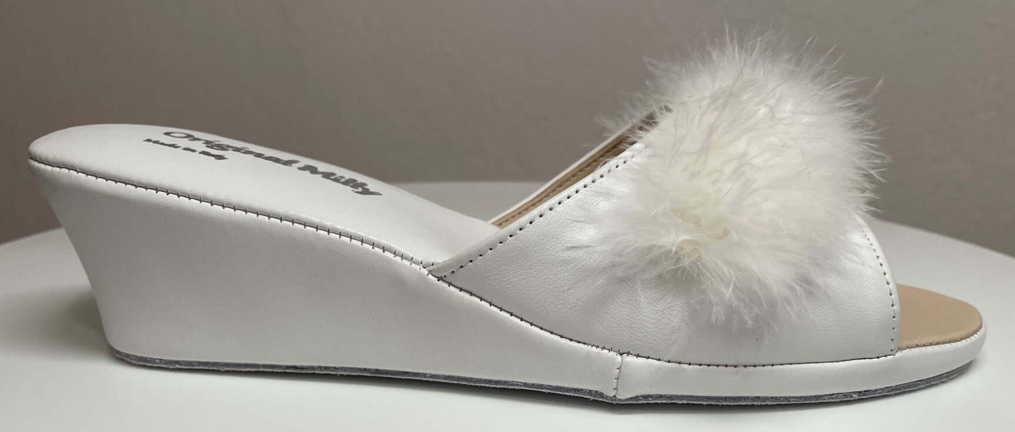 0102 Nappa e Camoscio Bianco con Piuma Suola Bufalo Ciabatte da camera Donna Original Milly Made in Italy