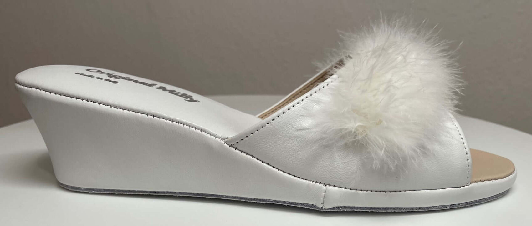 0102 Nappa e Camoscio Bianco con Piuma Suola Bufalo Ciabatte da camera Donna Original Milly Made in Italy