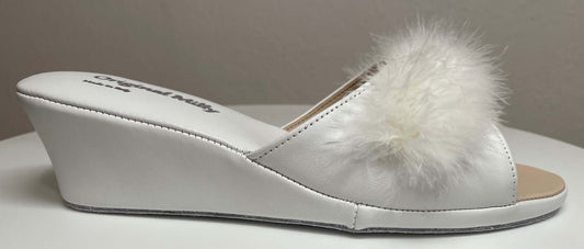 0102 Nappa e Camoscio Bianco con Piuma Suola Bufalo Ciabatte da camera Donna Original Milly Made in Italy