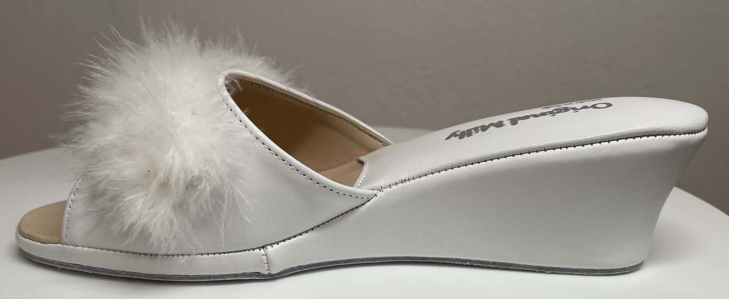 0102 Nappa e Camoscio Bianco con Piuma Suola Bufalo Ciabatte da camera Donna Original Milly Made in Italy