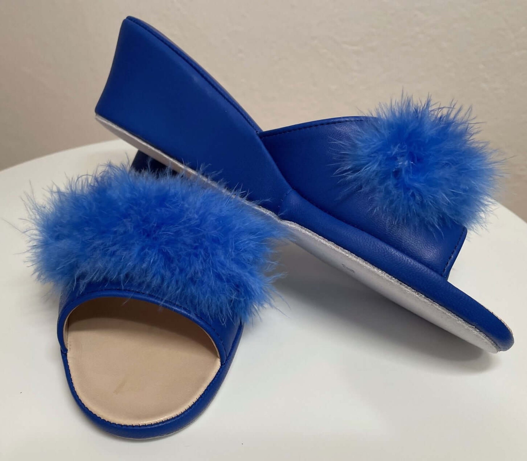 0102 Nappa e Camoscio Blu con Piuma Suola Bufalo Ciabatte da camera Donna Original Milly Made in Italy