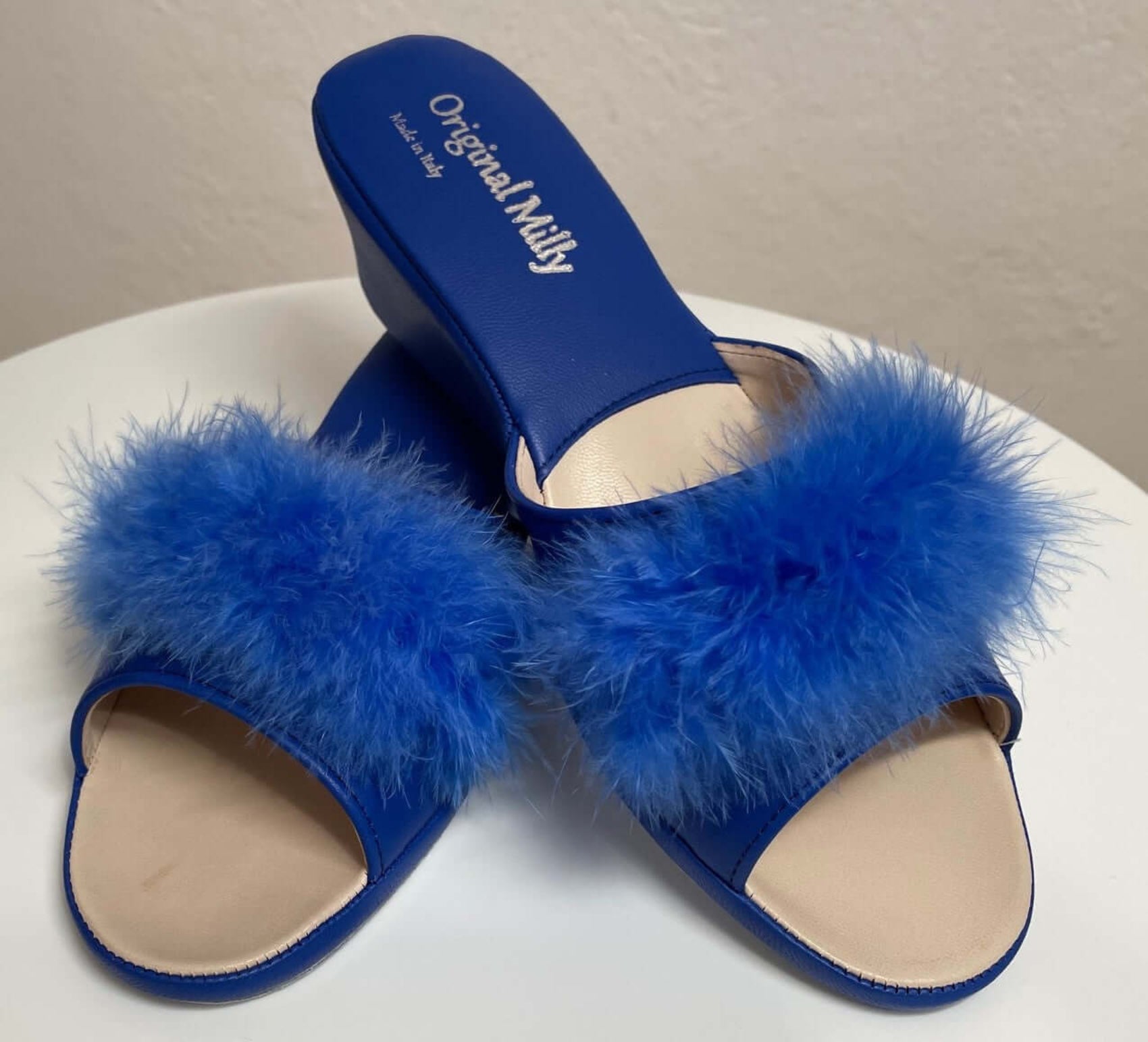 0102 Nappa e Camoscio Blu con Piuma Suola Bufalo Ciabatte da camera Donna Original Milly Made in Italy