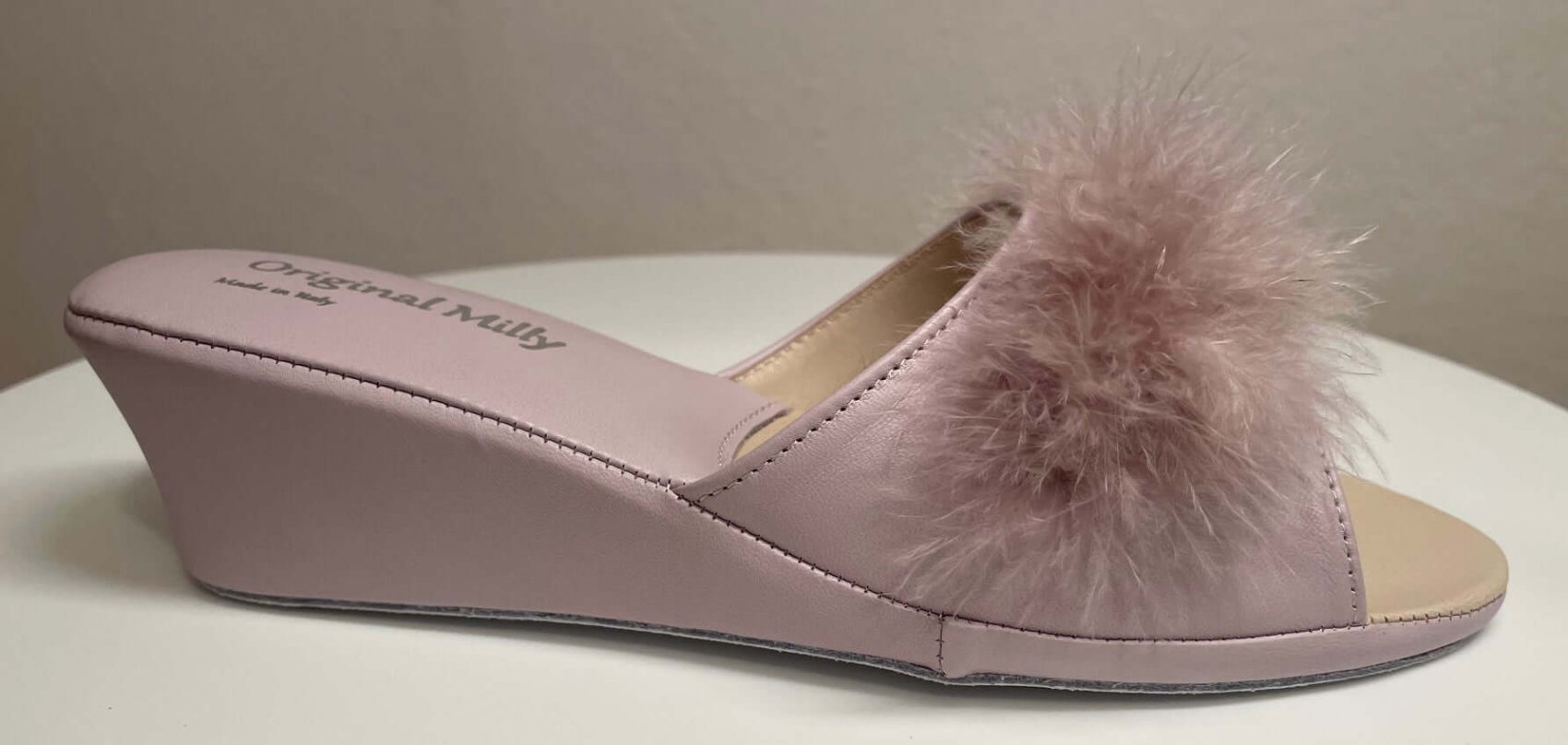 0102 Nappa e Camoscio Peonia con Piuma Suola Bufalo Ciabatte da camera Donna Original Milly Made in Italy