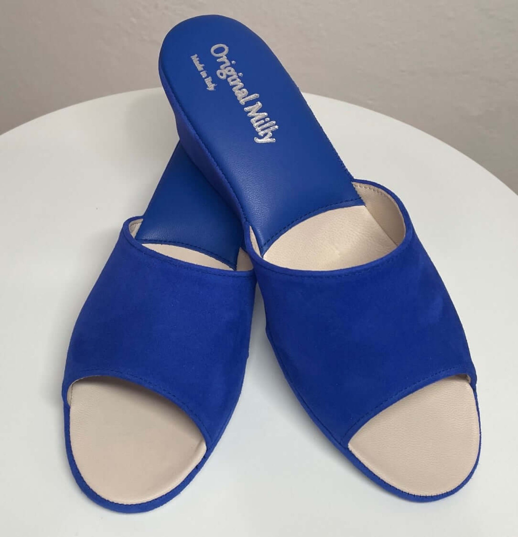 0103 Camoscio Blu Suola Bufalo Ciabatte da camera Donna Original Milly Made in Italy