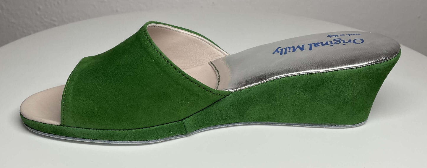 0103 Camoscio Verde Suola Bufalo Ciabatte da camera Donna Original Milly Made in Italy
