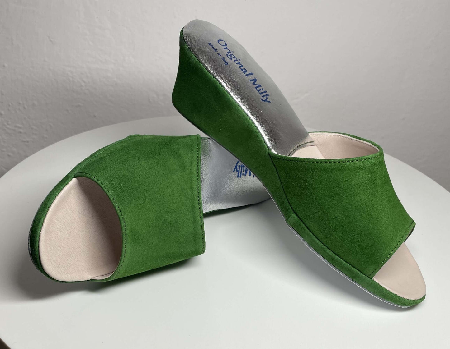 0103 Camoscio Verde Suola Bufalo Ciabatte da camera Donna Original Milly Made in Italy