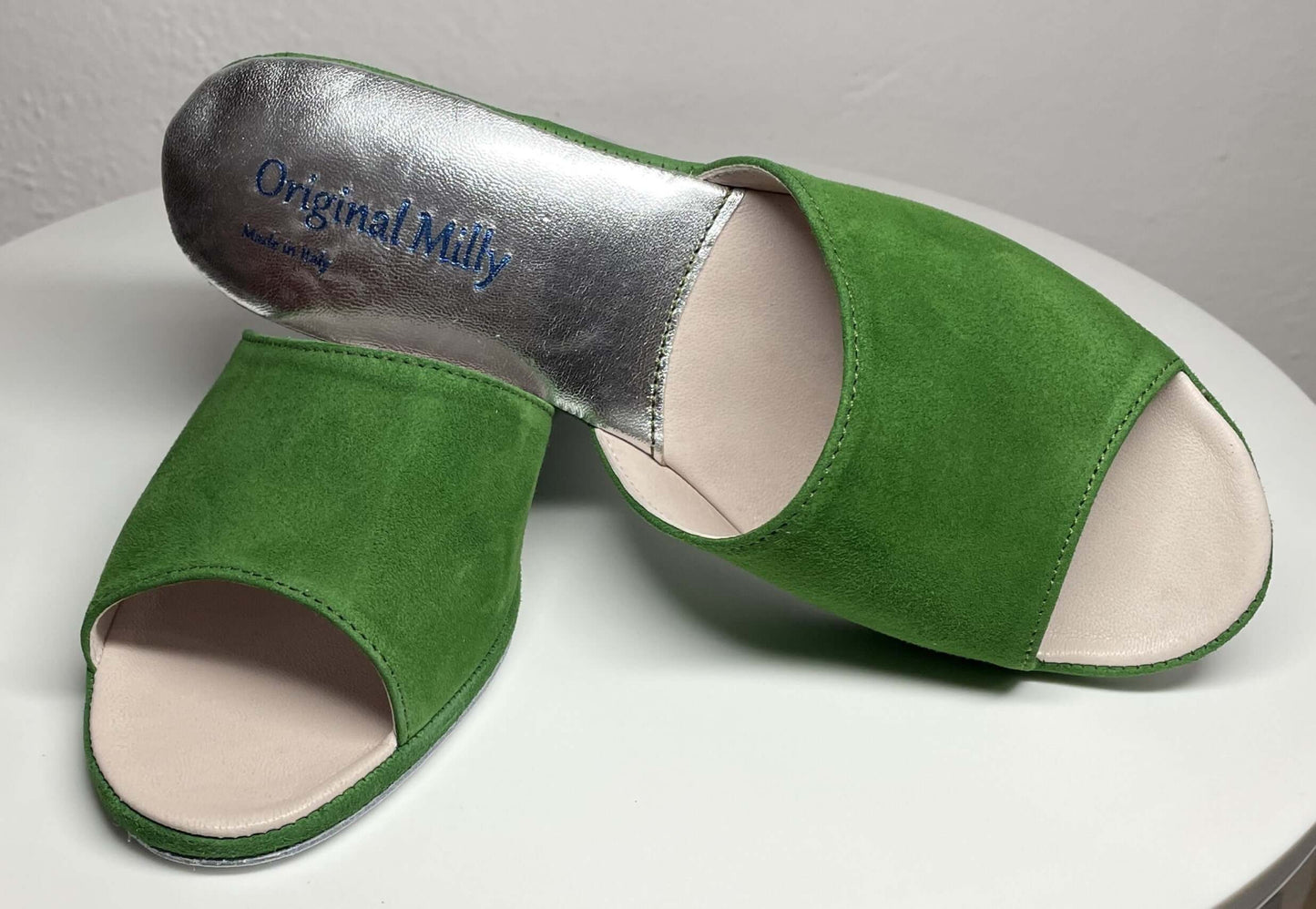 0103 Camoscio Verde Suola Bufalo Ciabatte da camera Donna Original Milly Made in Italy
