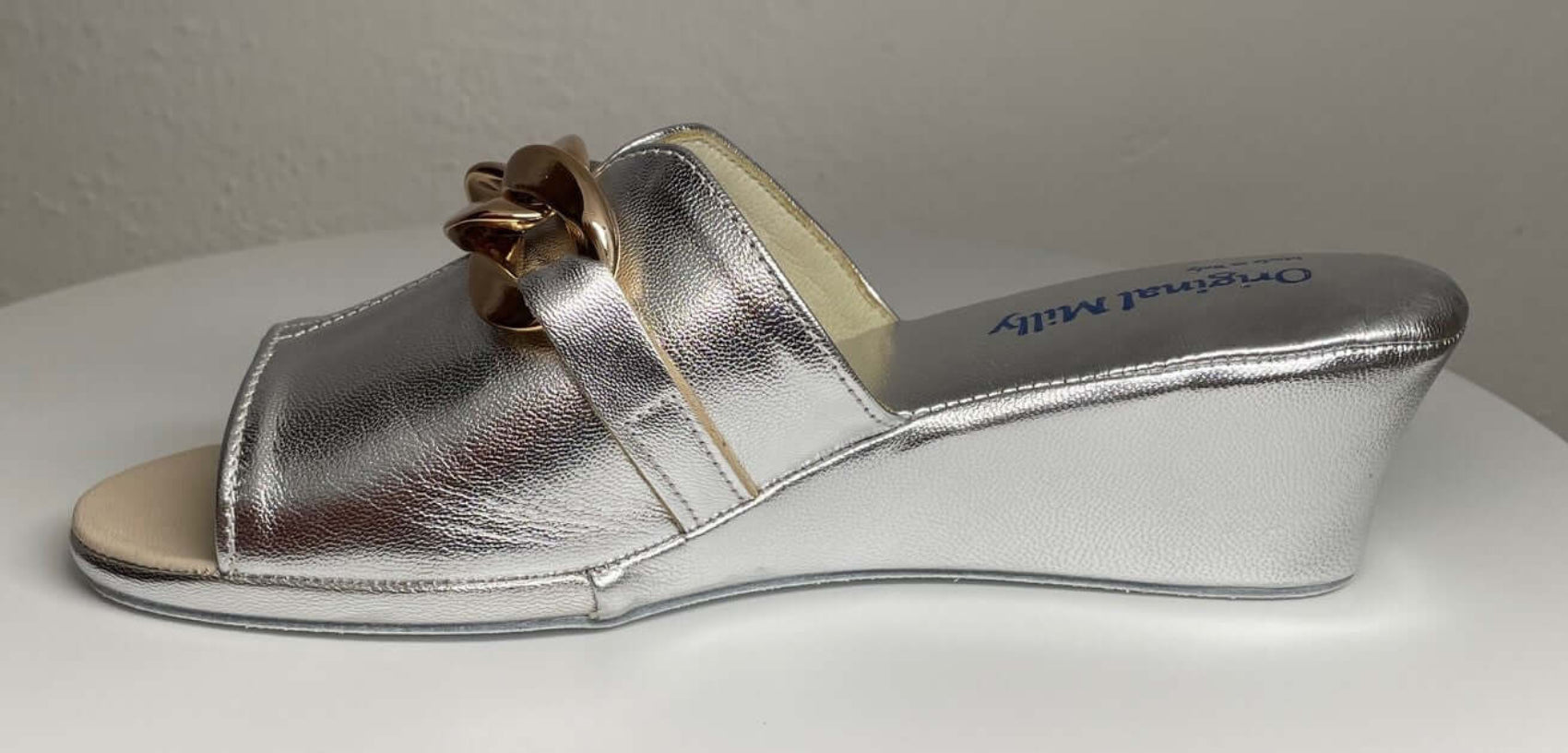 0105 Nappa Argento con catena Suola Bufalo Ciabatte da camera Donna Original Milly Made in Italy