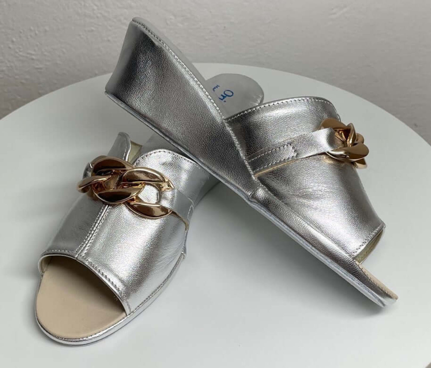 0105 Nappa Argento con catena Suola Bufalo Ciabatte da camera Donna Original Milly Made in Italy