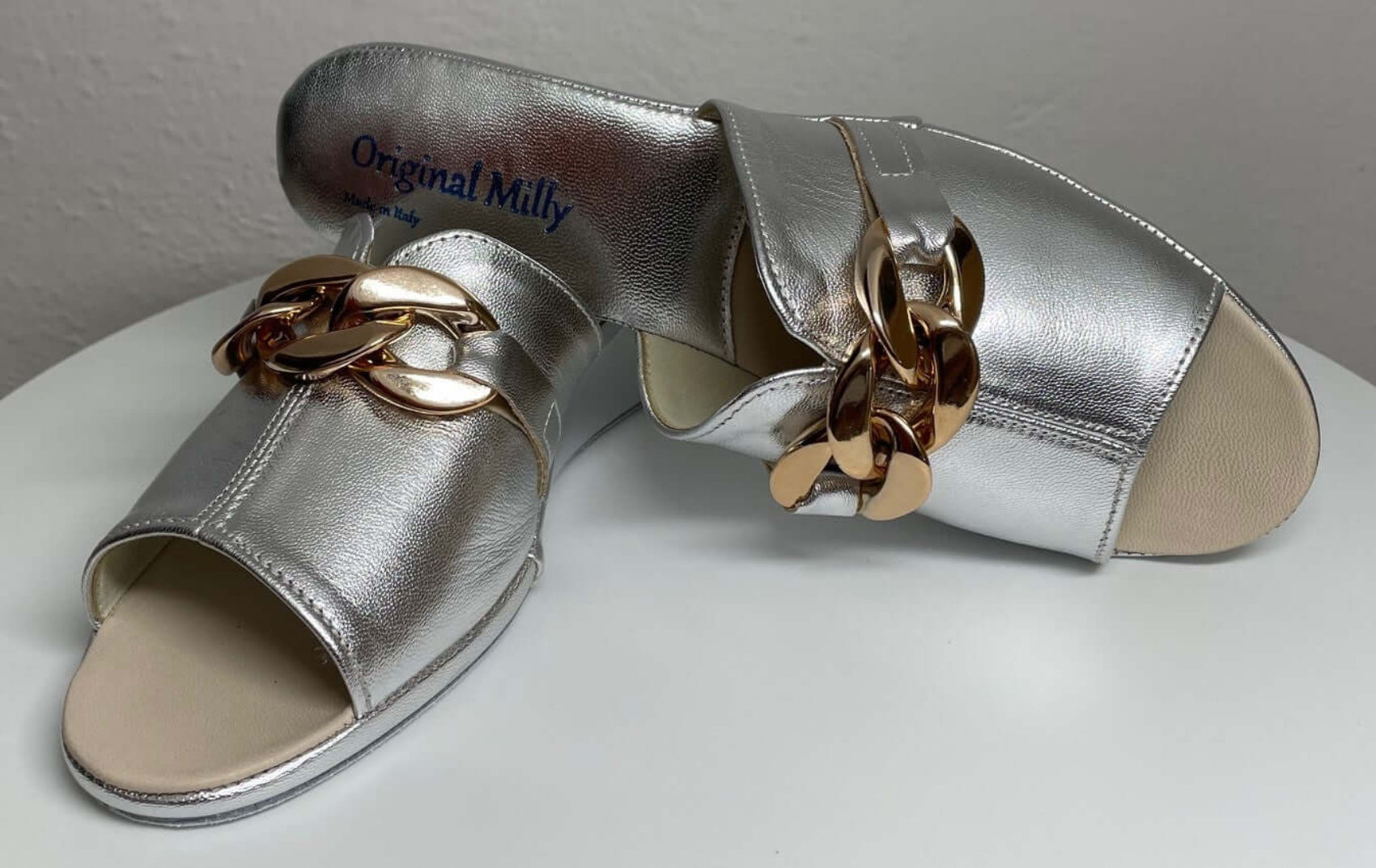 0105 Nappa Argento con catena Suola Bufalo Ciabatte da camera Donna Original Milly Made in Italy