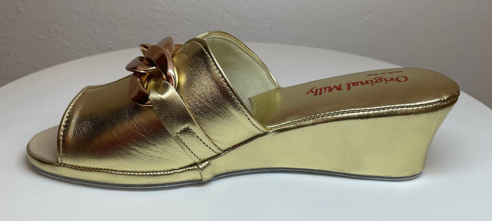 0105 Nappa Oro con catena Suola Bufalo Ciabatte da camera Donna Original Milly Made in Italy