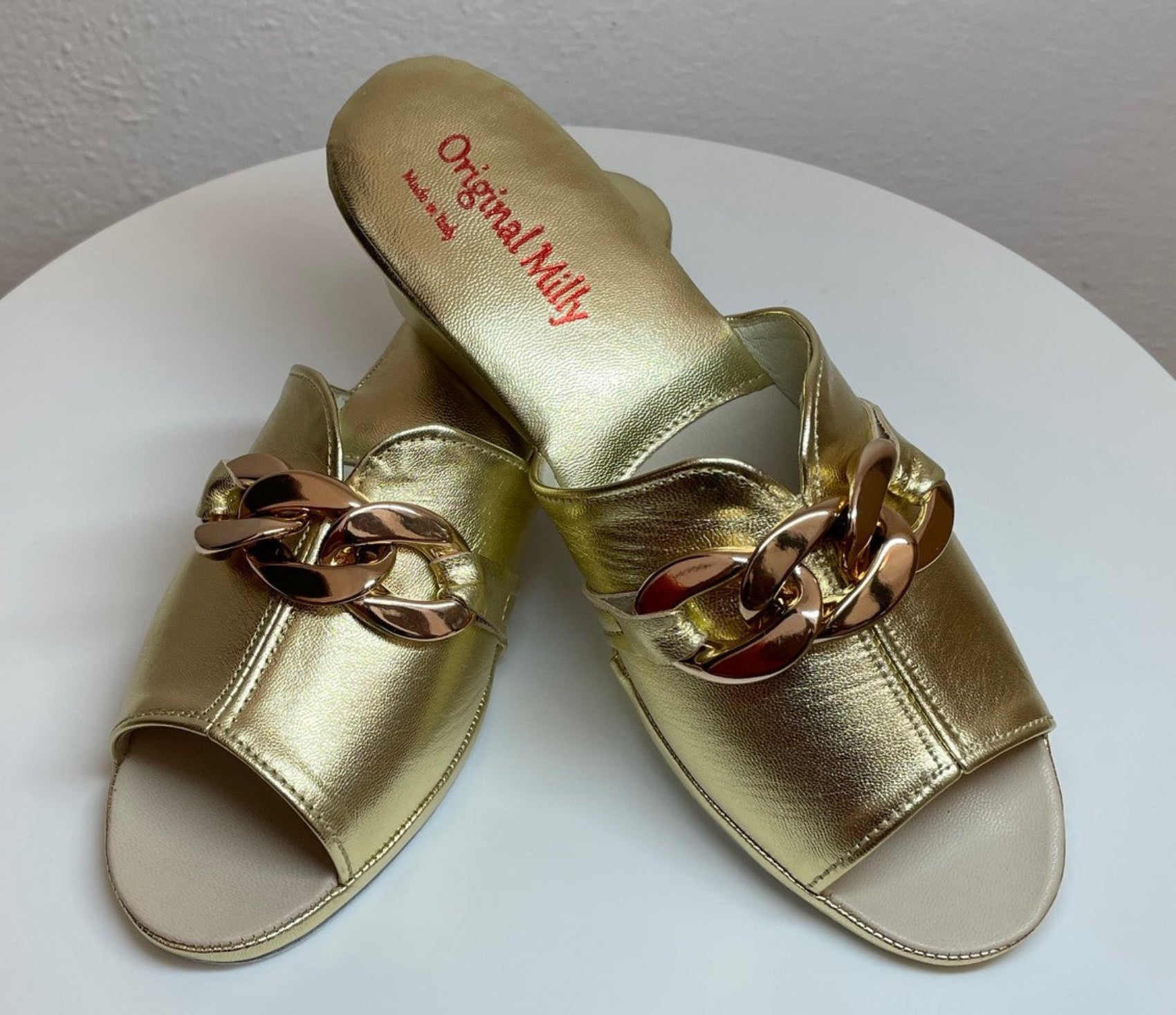 0105 Nappa Oro con catena Suola Bufalo Ciabatte da camera Donna Original Milly Made in Italy