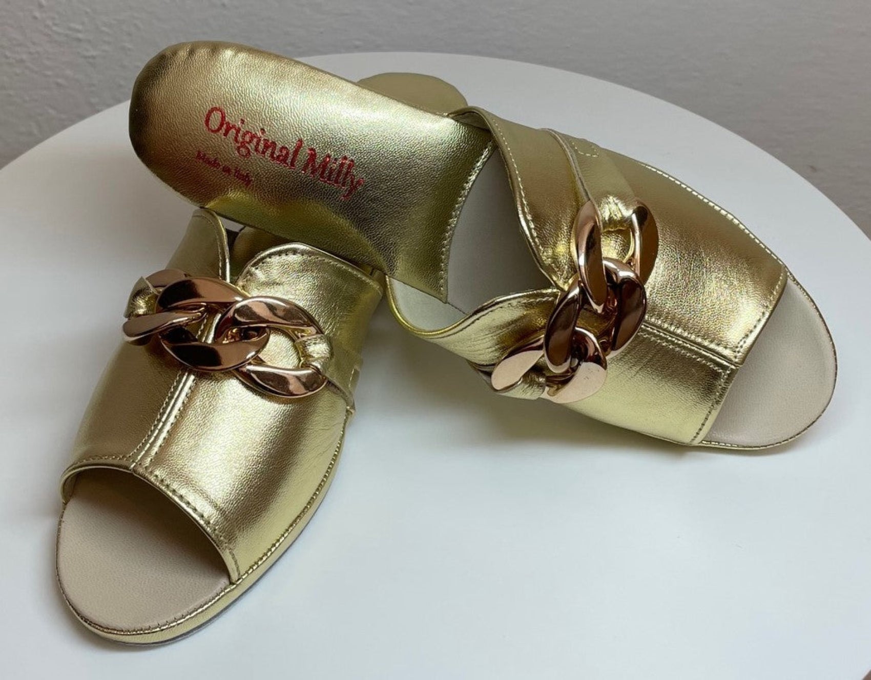 0105 Nappa Oro con catena Suola Bufalo Ciabatte da camera Donna Original Milly Made in Italy