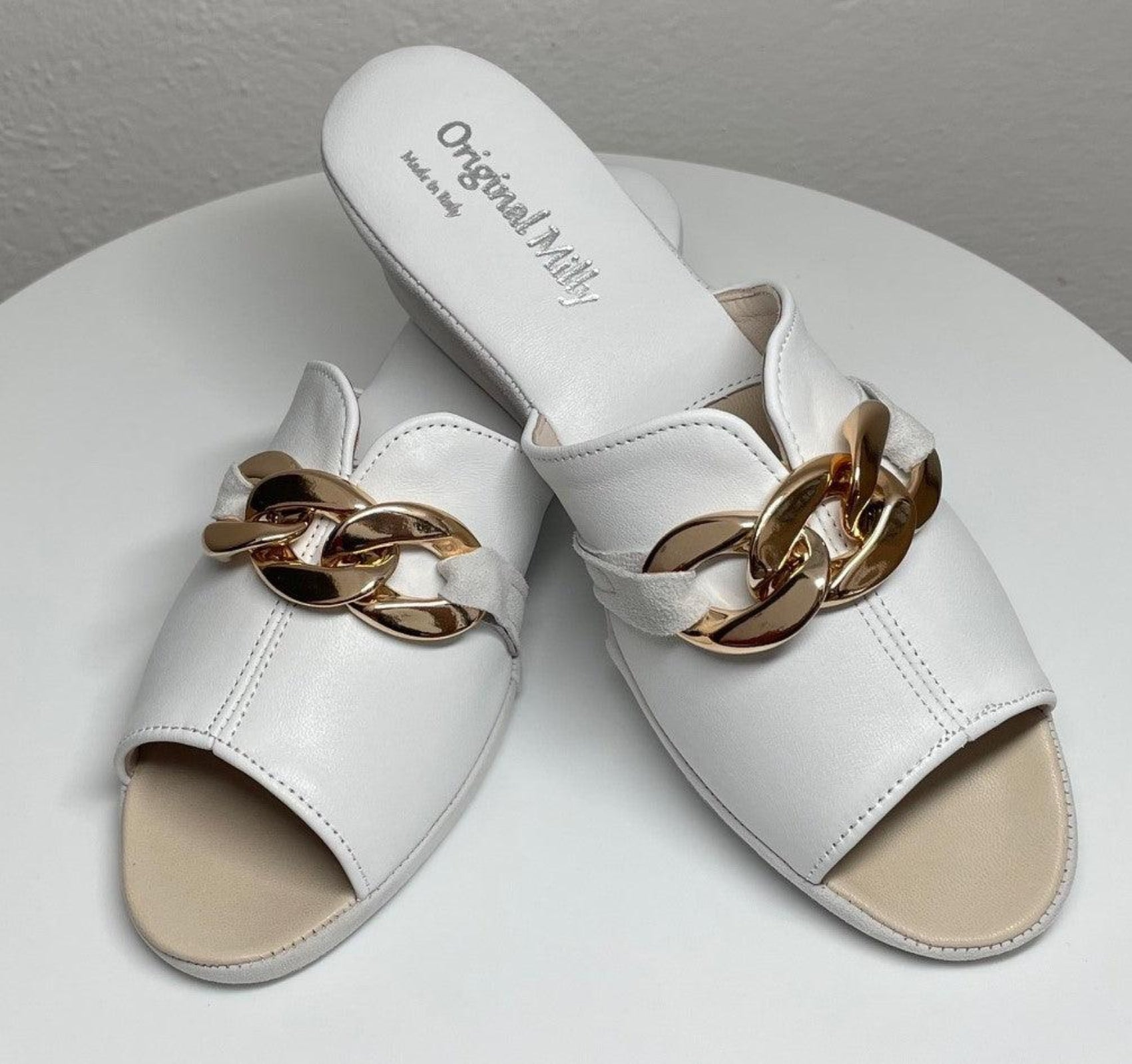 0105 Nappa e Camoscio Bianco con catena Suola Bufalo Ciabatte da camera Donna Original Milly Made in Italy