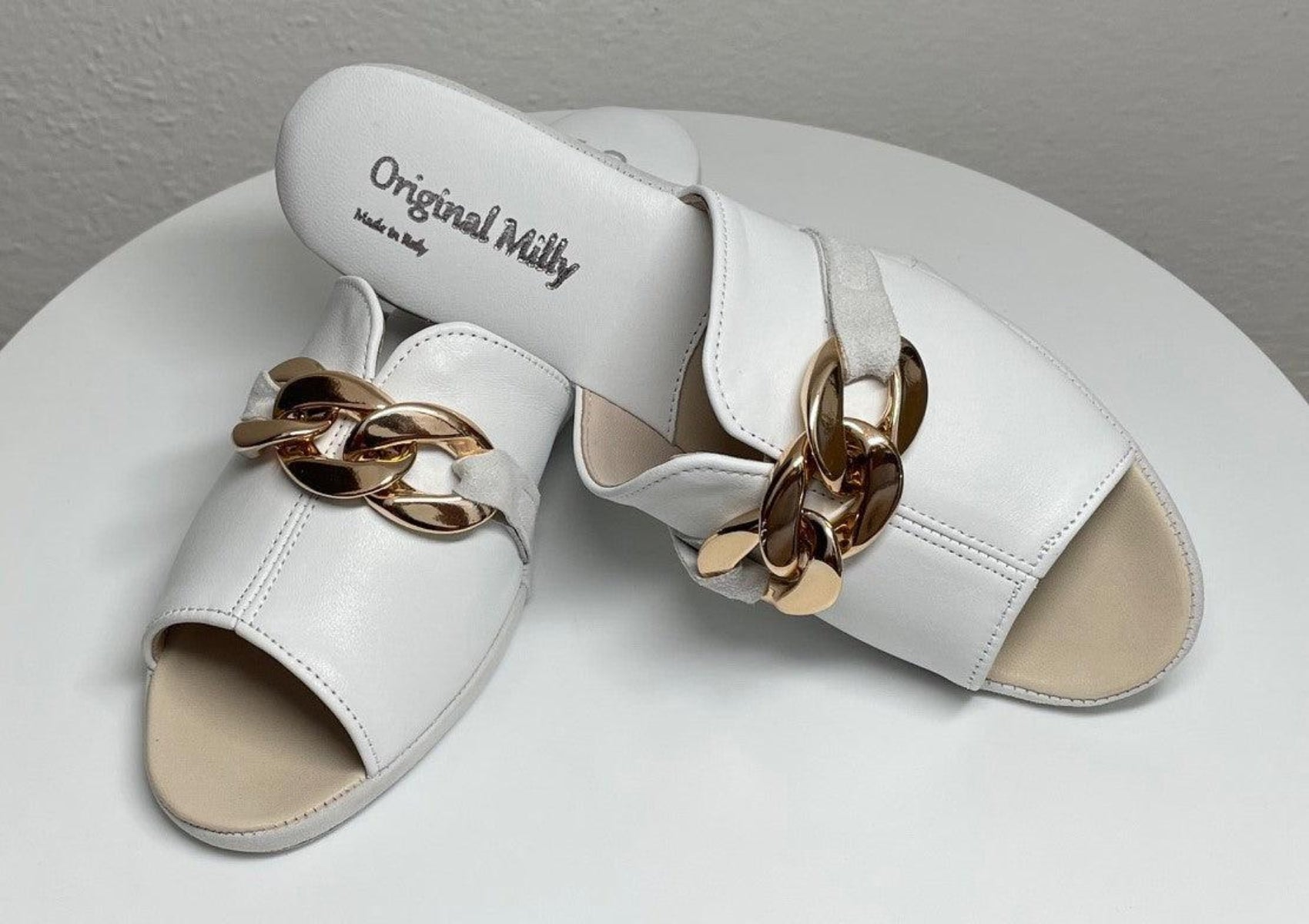 0105 Nappa e Camoscio Bianco con catena Suola Bufalo Ciabatte da camera Donna Original Milly Made in Italy