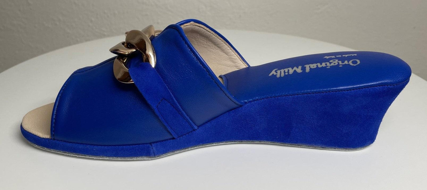 0105 Nappa e Camoscio Blu con catena Suola Bufalo Ciabatte da camera Donna Original Milly Made in Italy