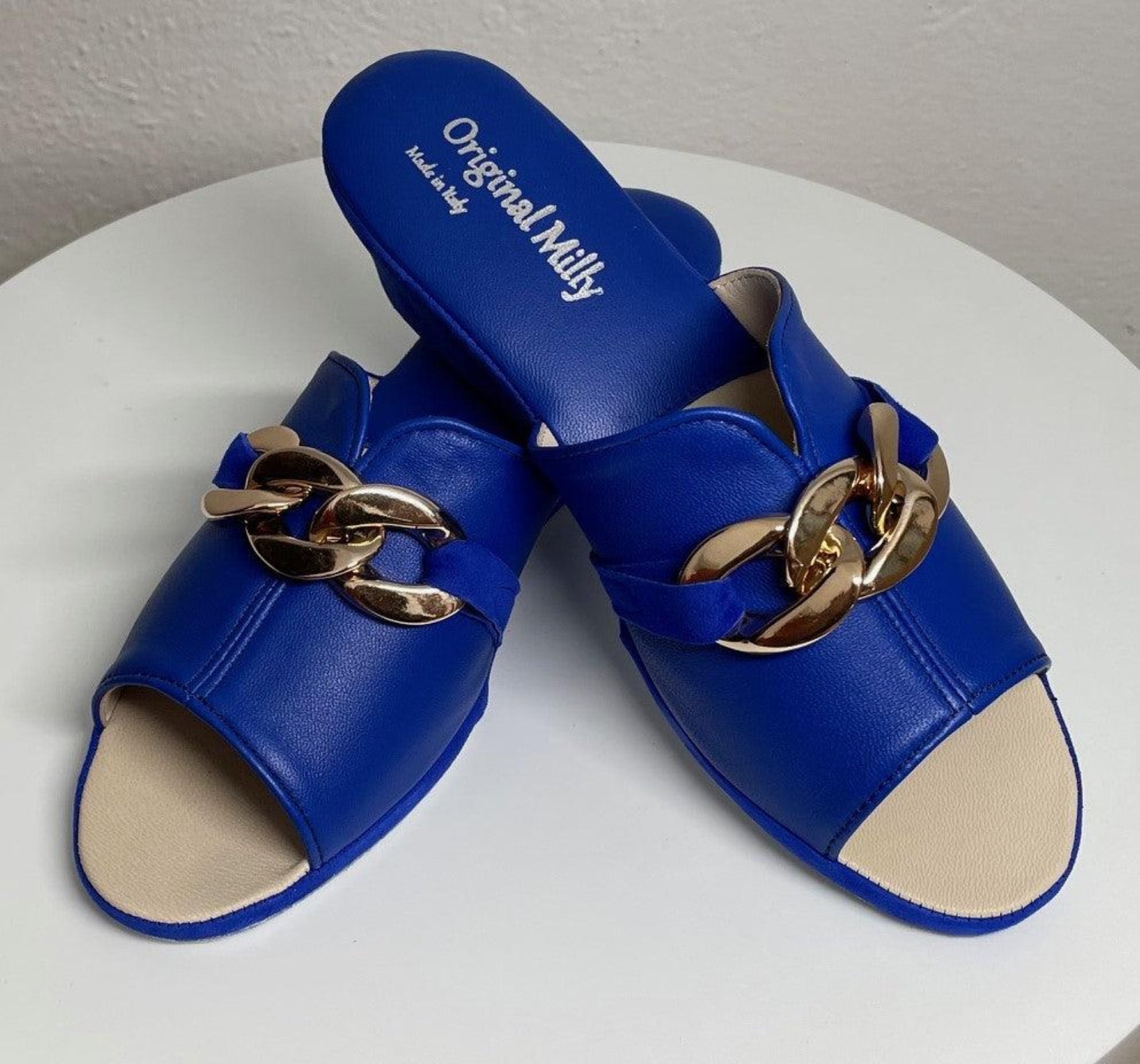 0105 Nappa e Camoscio Blu con catena Suola Bufalo Ciabatte da camera Donna Original Milly Made in Italy