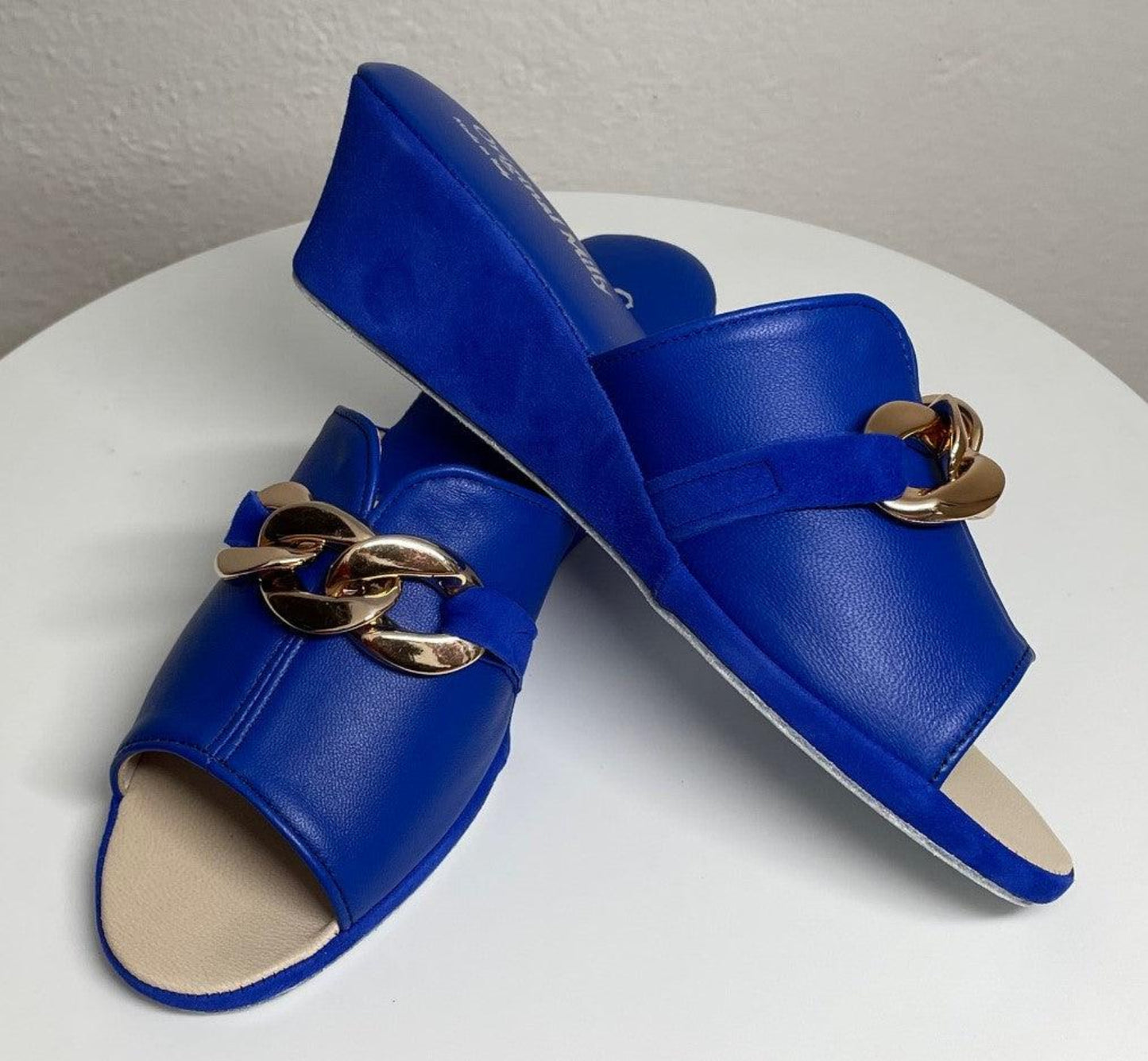 0105 Nappa e Camoscio Blu con catena Suola Bufalo Ciabatte da camera Donna Original Milly Made in Italy