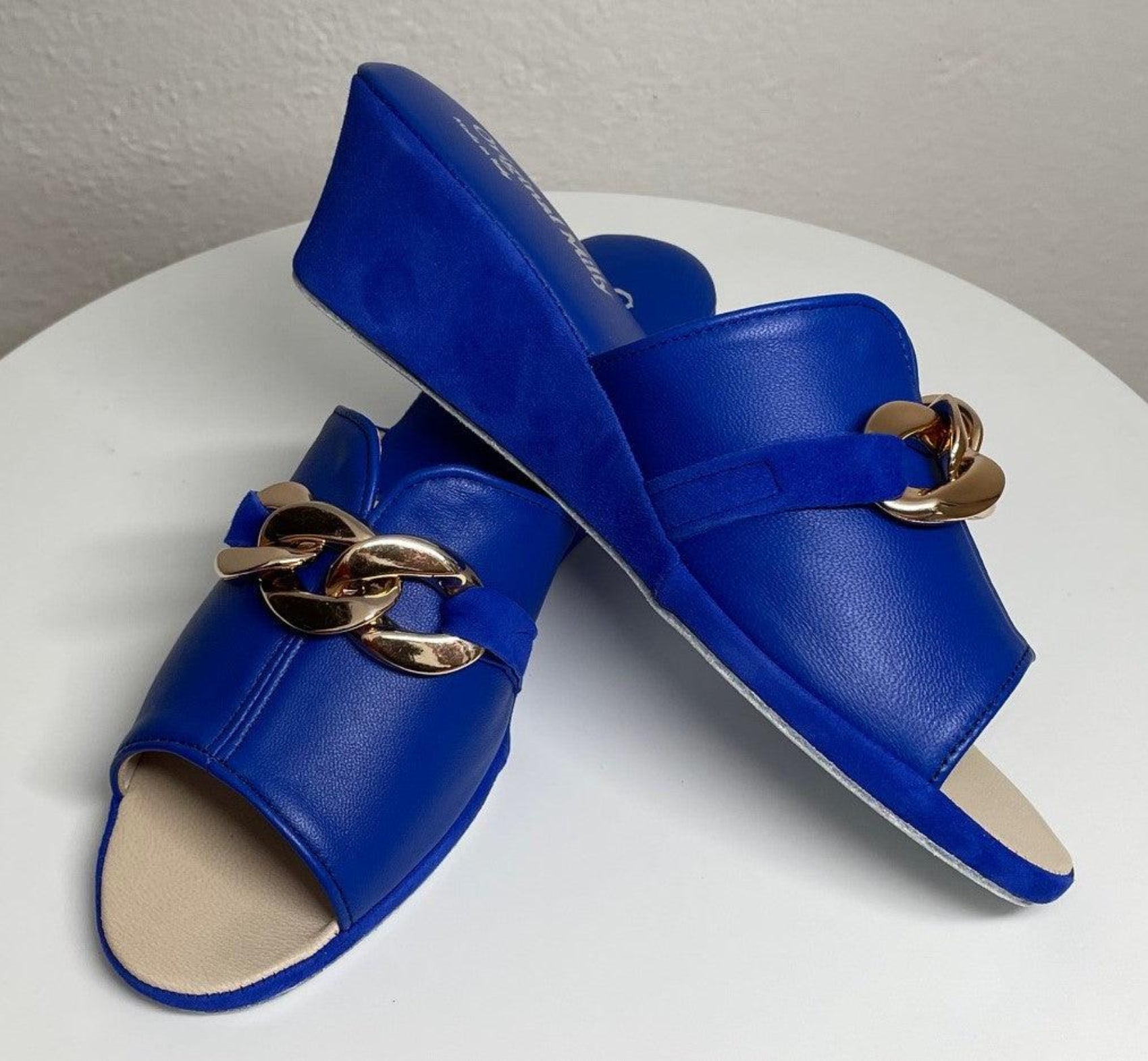 0105 Nappa e Camoscio Blu con catena Suola Bufalo Ciabatte da camera Donna Original Milly Made in Italy