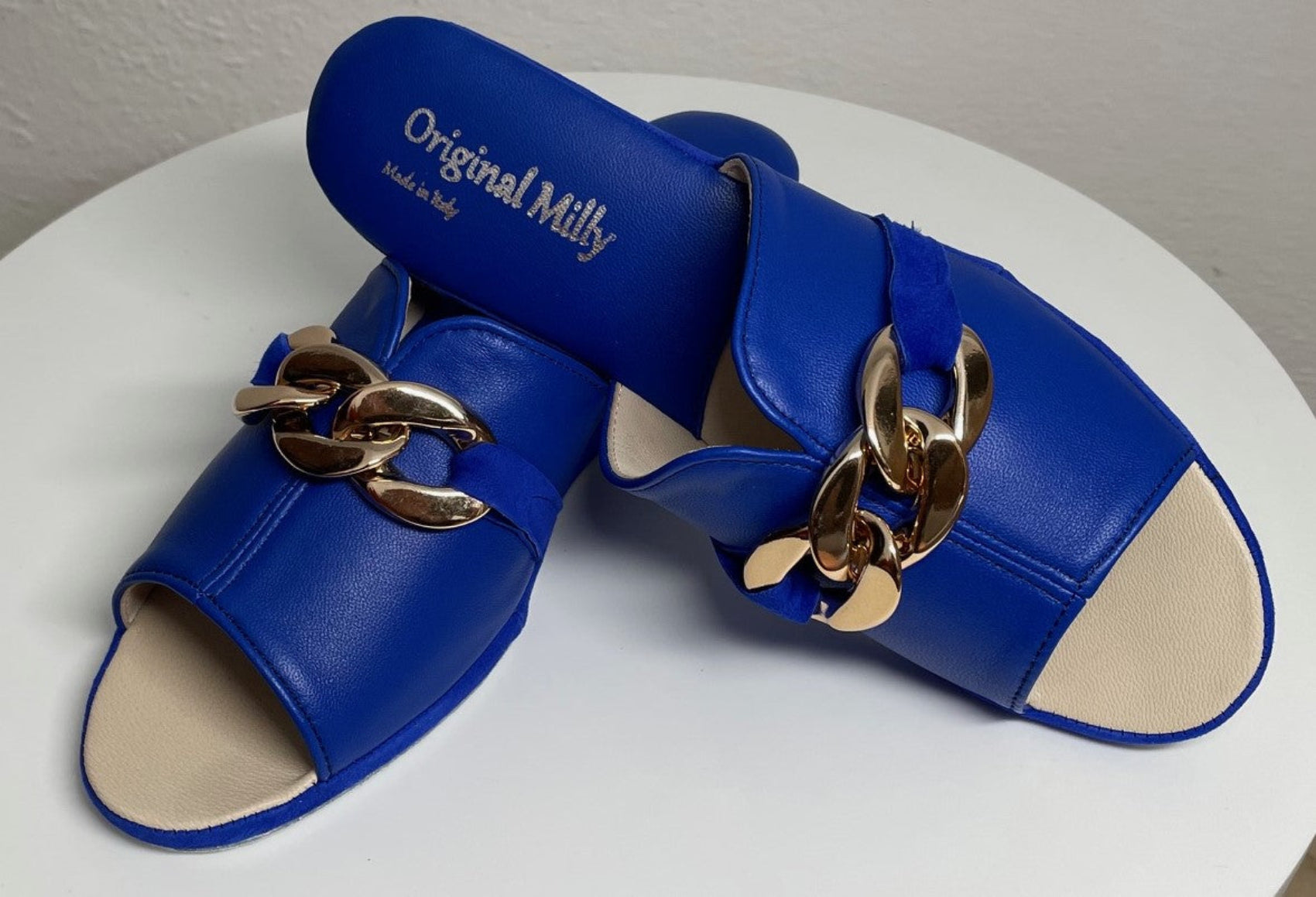 0105 Nappa e Camoscio Blu con catena Suola Bufalo Ciabatte da camera Donna Original Milly Made in Italy