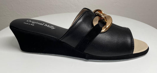 0105 Nappa e Camoscio Nero con catena Suola Bufalo Ciabatte da camera Donna Original Milly Made in Italy