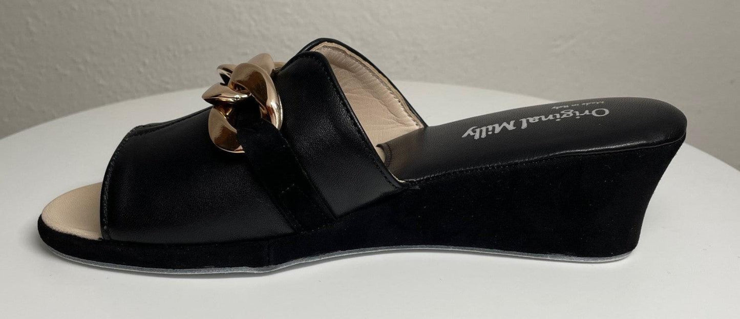 0105 Nappa e Camoscio Nero con catena Suola Bufalo Ciabatte da camera Donna Original Milly Made in Italy