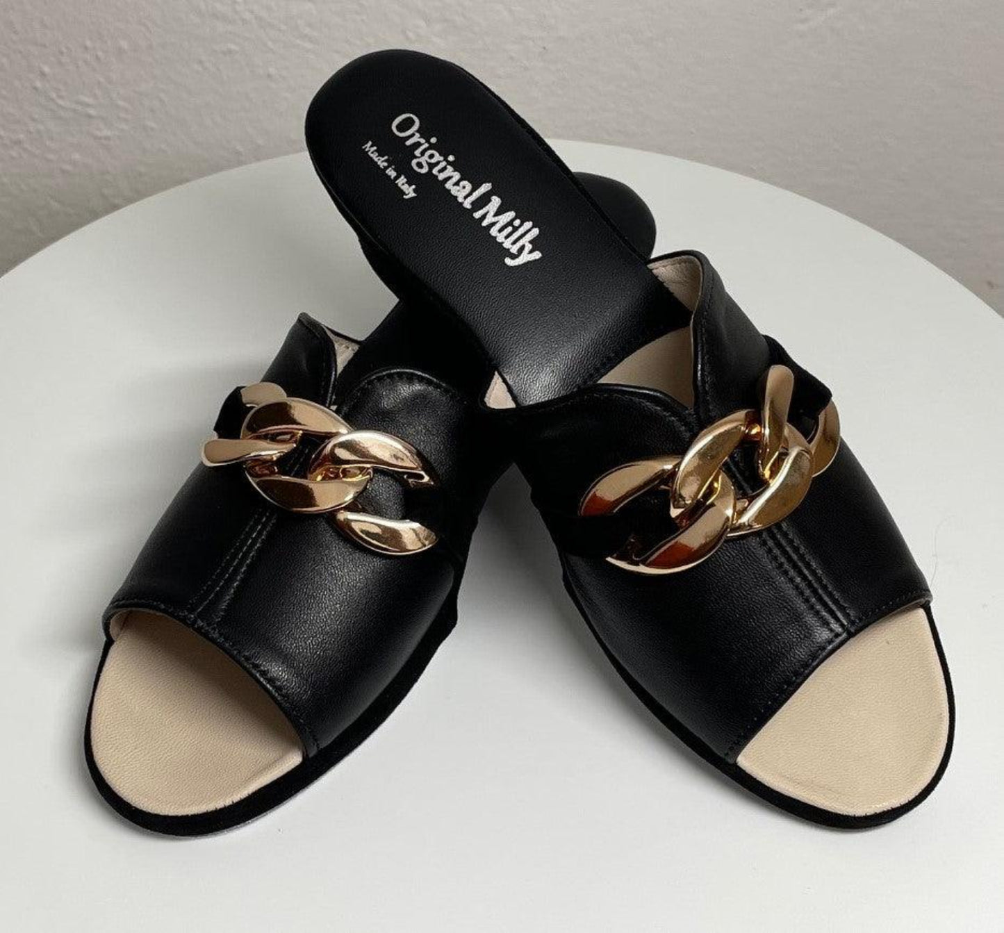 0105 Nappa e Camoscio Nero con catena Suola Bufalo Ciabatte da camera Donna Original Milly Made in Italy