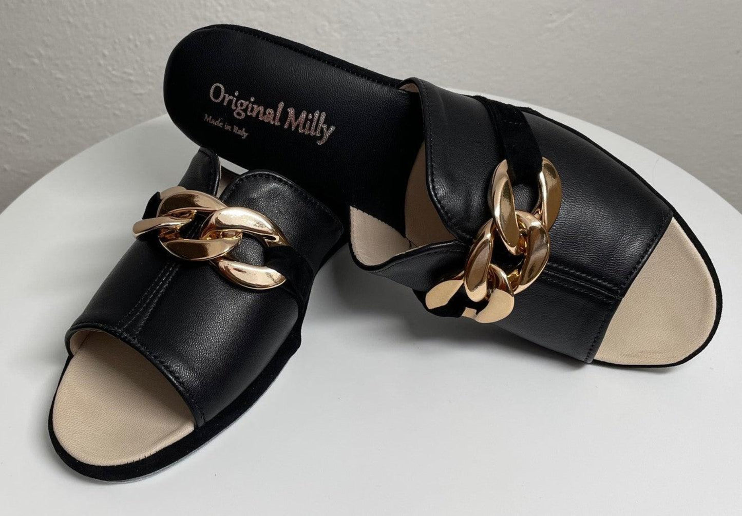 0105 Nappa e Camoscio Nero con catena Suola Bufalo Ciabatte da camera Donna Original Milly Made in Italy