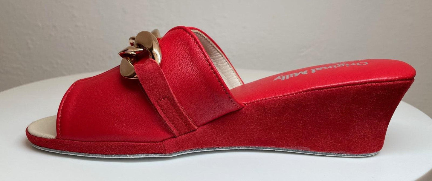 0105 Nappa e Camoscio Rosso con catena Suola Bufalo Ciabatte da camera Donna Original Milly Made in Italy