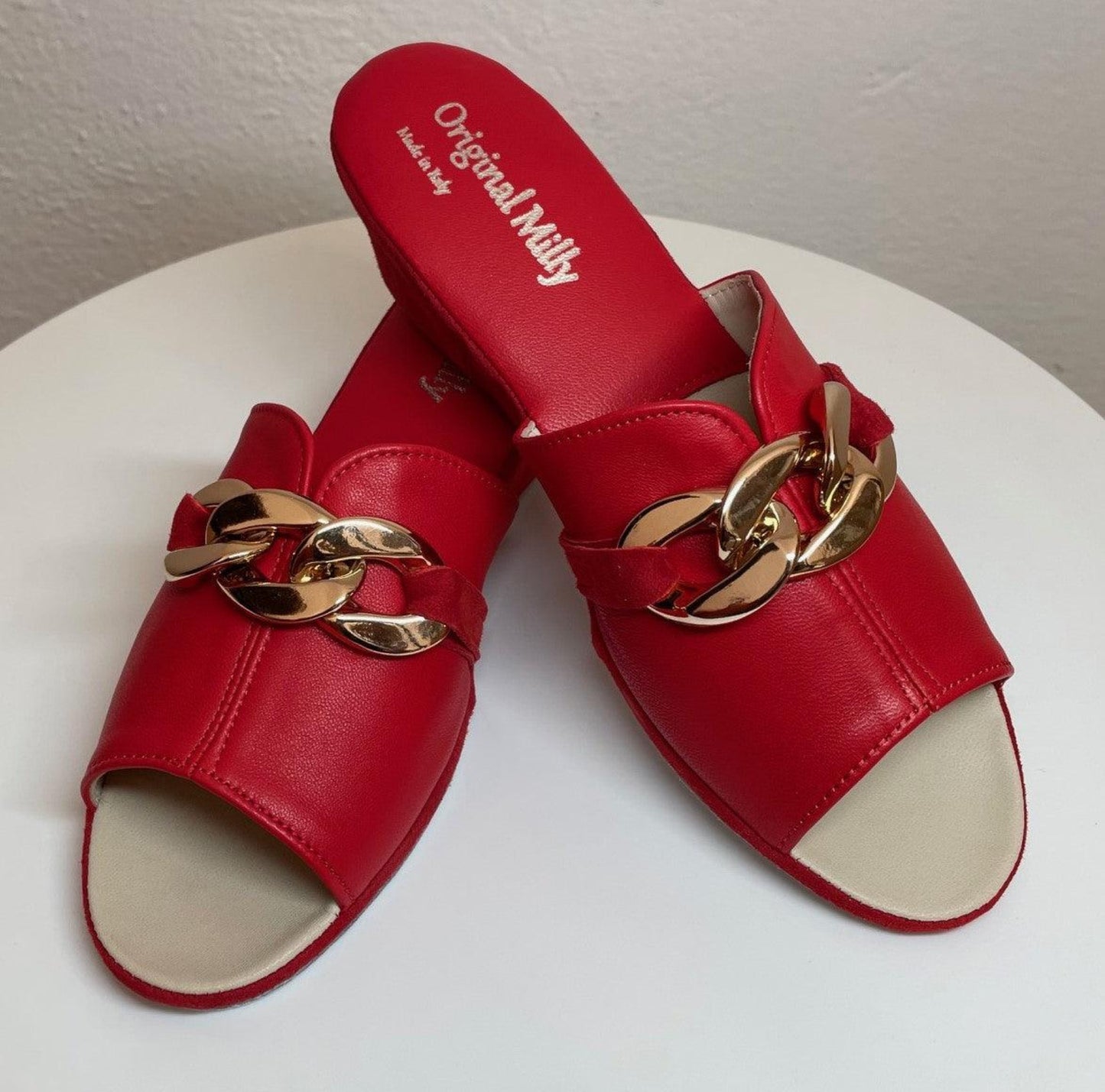 0105 Nappa e Camoscio Rosso con catena Suola Bufalo Ciabatte da camera Donna Original Milly Made in Italy