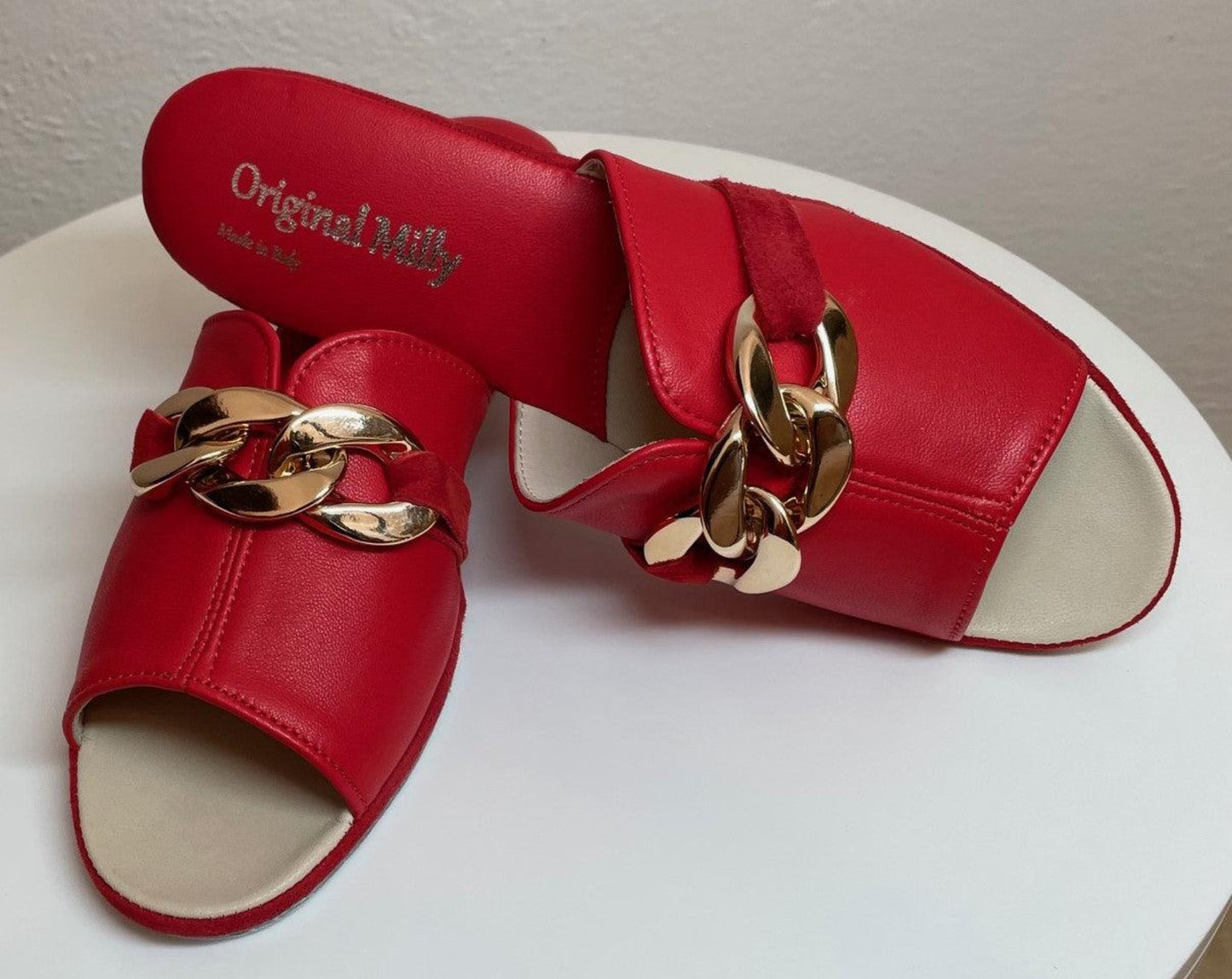 0105 Nappa e Camoscio Rosso con catena Suola Bufalo Ciabatte da camera Donna Original Milly Made in Italy