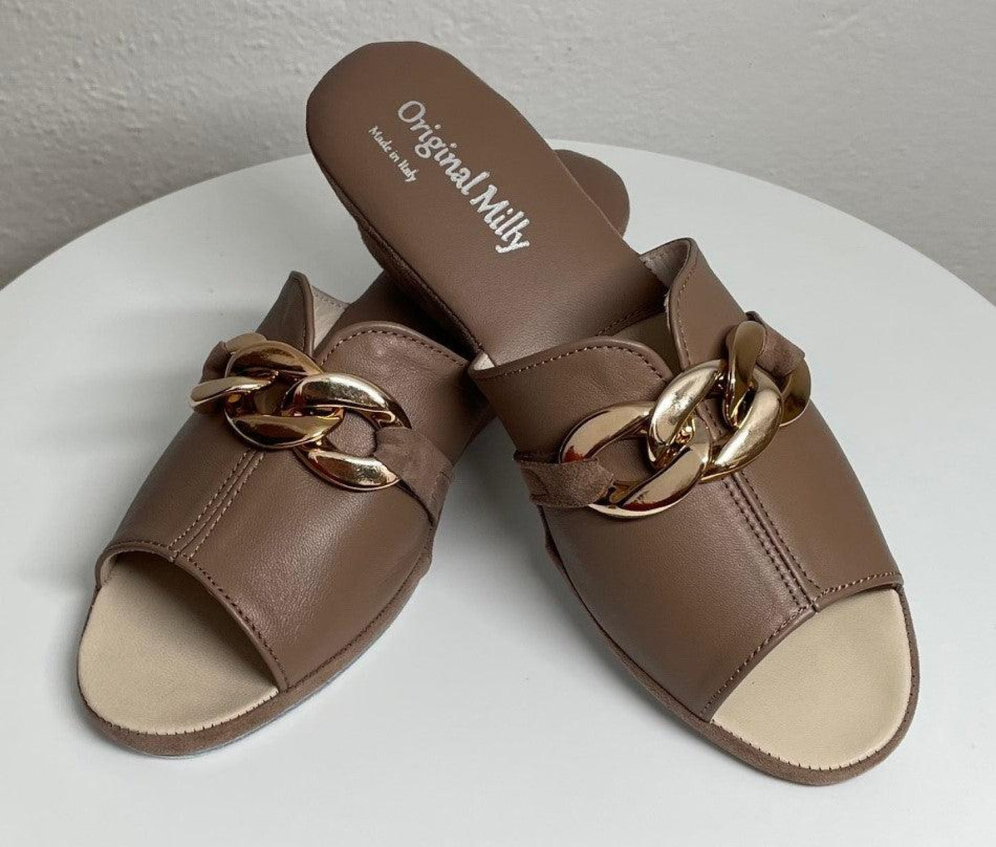 0105 Nappa e Camoscio Taupe con catena Suola Bufalo Ciabatte da camera Donna Original Milly Made in Italy