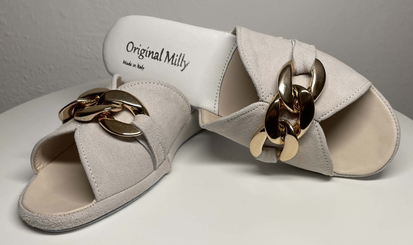 0106 Camoscio Bianco con catena in Oro Suola Bufalo Ciabatte da camera Donna Original Milly Made in Italy