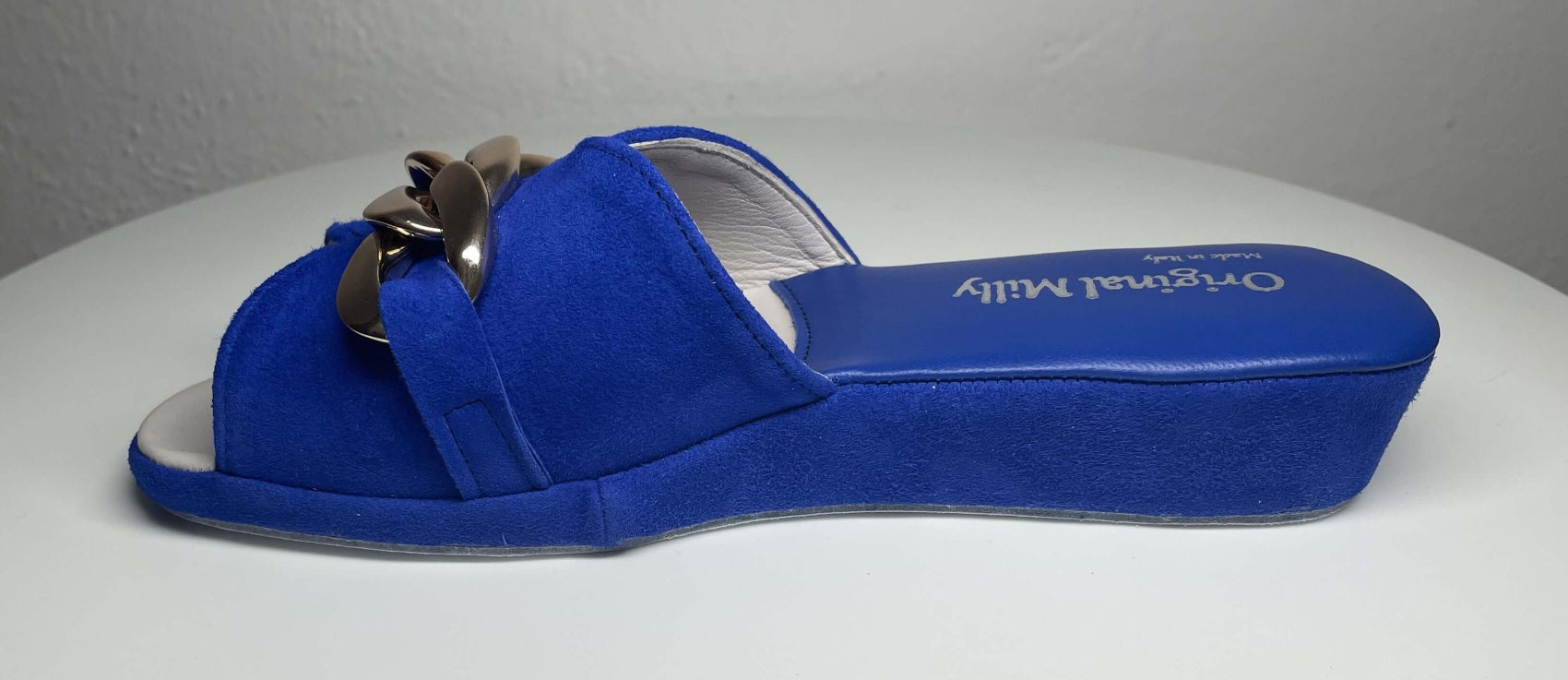0106 Camoscio Blu con catena in Oro Suola Bufalo Ciabatte da camera Donna Original Milly Made in Italy