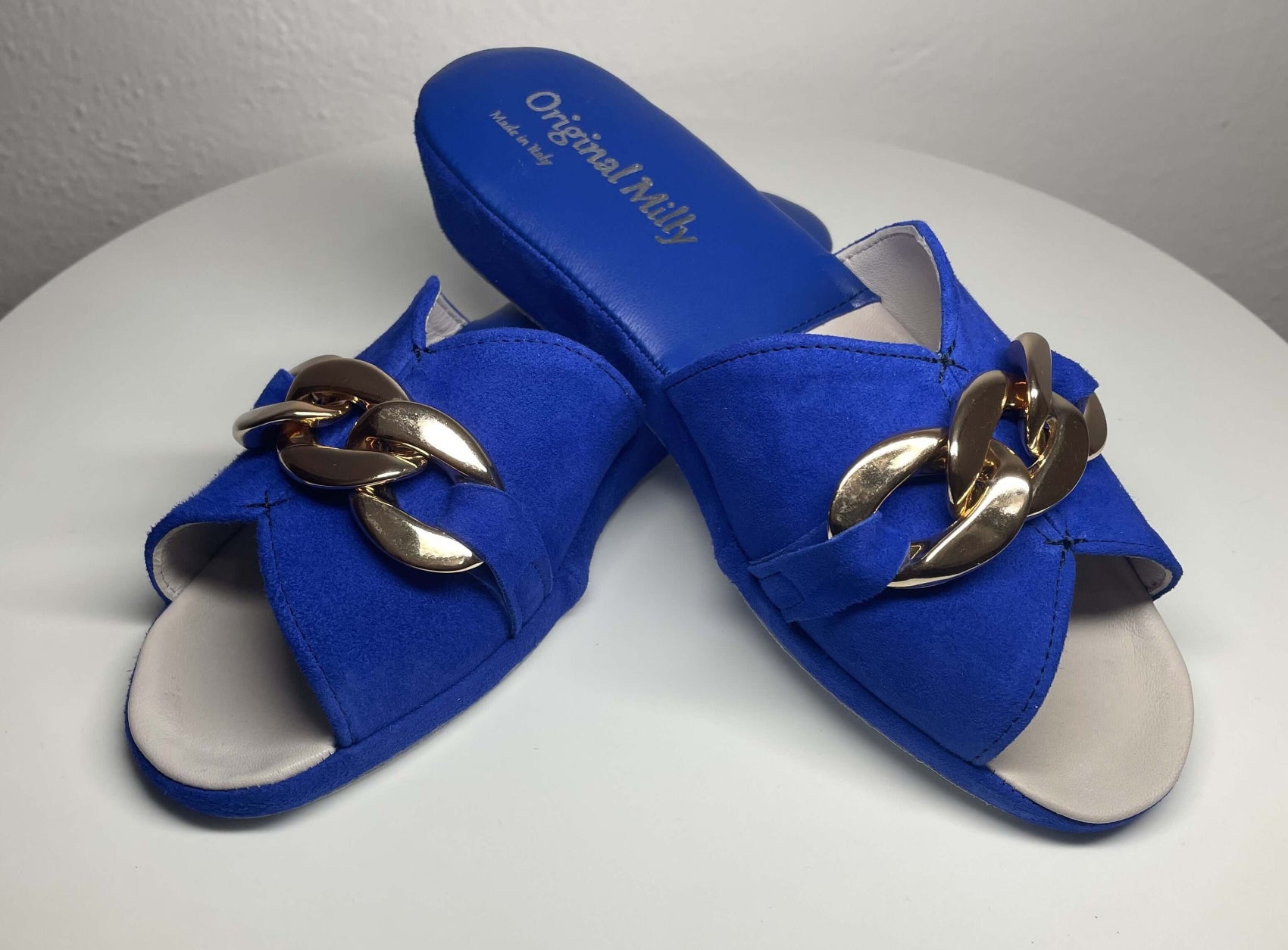 0106 Camoscio Blu con catena in Oro Suola Bufalo Ciabatte da camera Donna Original Milly Made in Italy