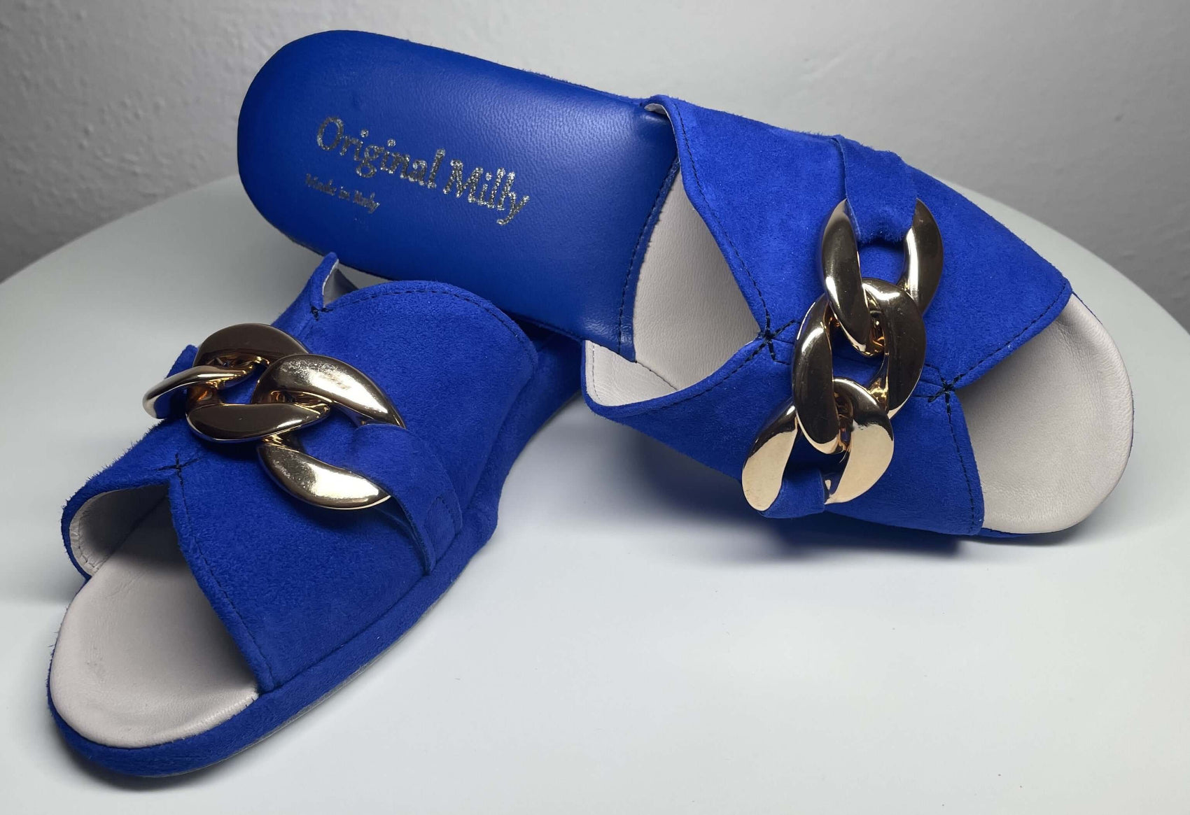 0106 Camoscio Blu con catena in Oro Suola Bufalo Ciabatte da camera Donna Original Milly Made in Italy