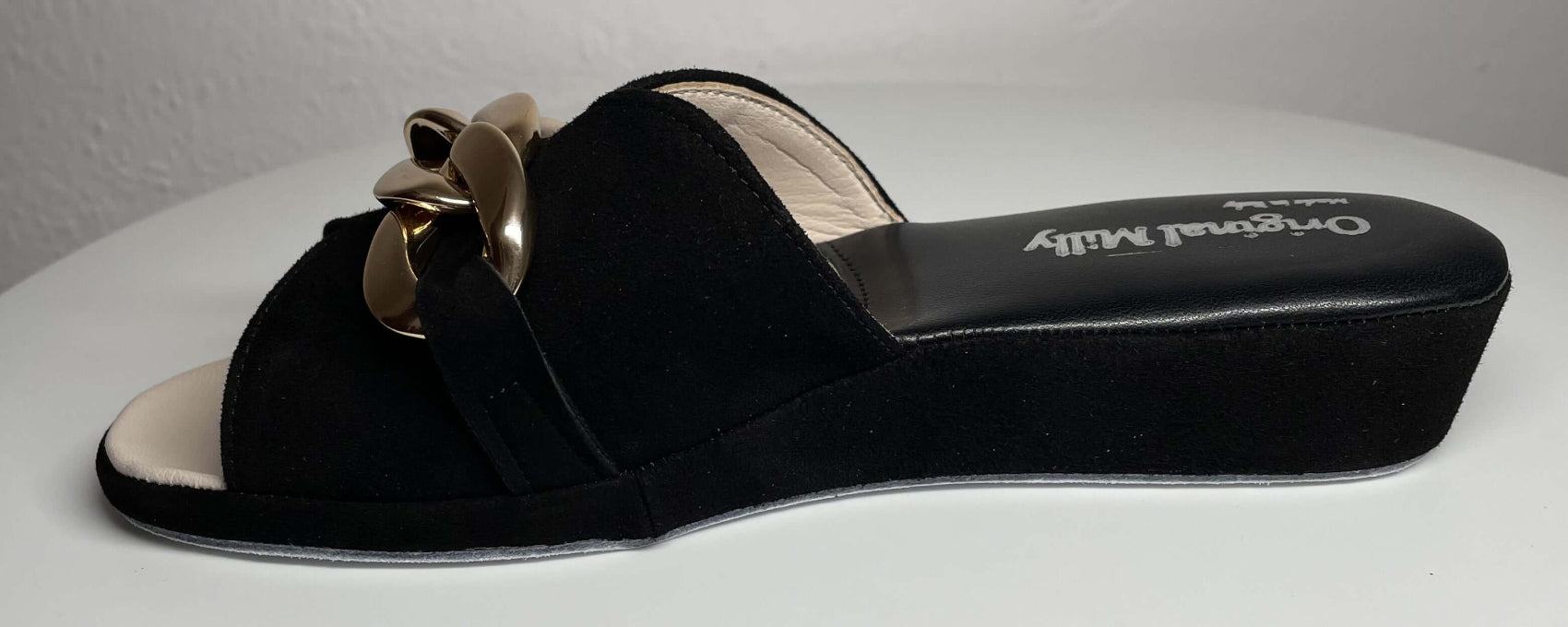 0106 Camoscio Nero con catena in Oro Suola Bufalo Ciabatte da camera Donna Original Milly Made in Italy