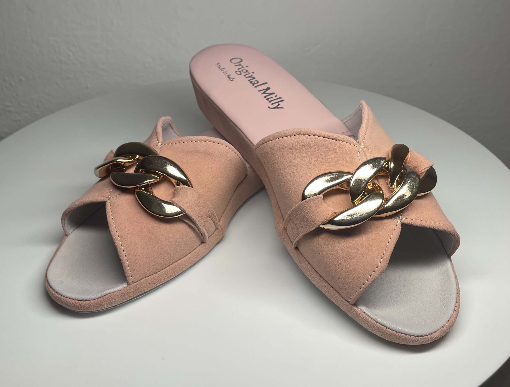 0106 Camoscio Pesca con catena in Oro Suola Bufalo Ciabatte da camera Donna Original Milly Made in Italy