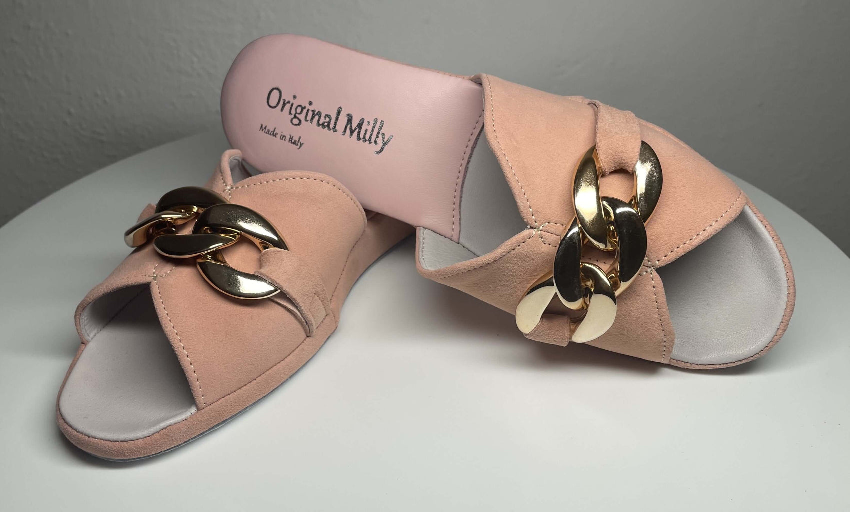 0106 Camoscio Pesca con catena in Oro Suola Bufalo Ciabatte da camera Donna Original Milly Made in Italy