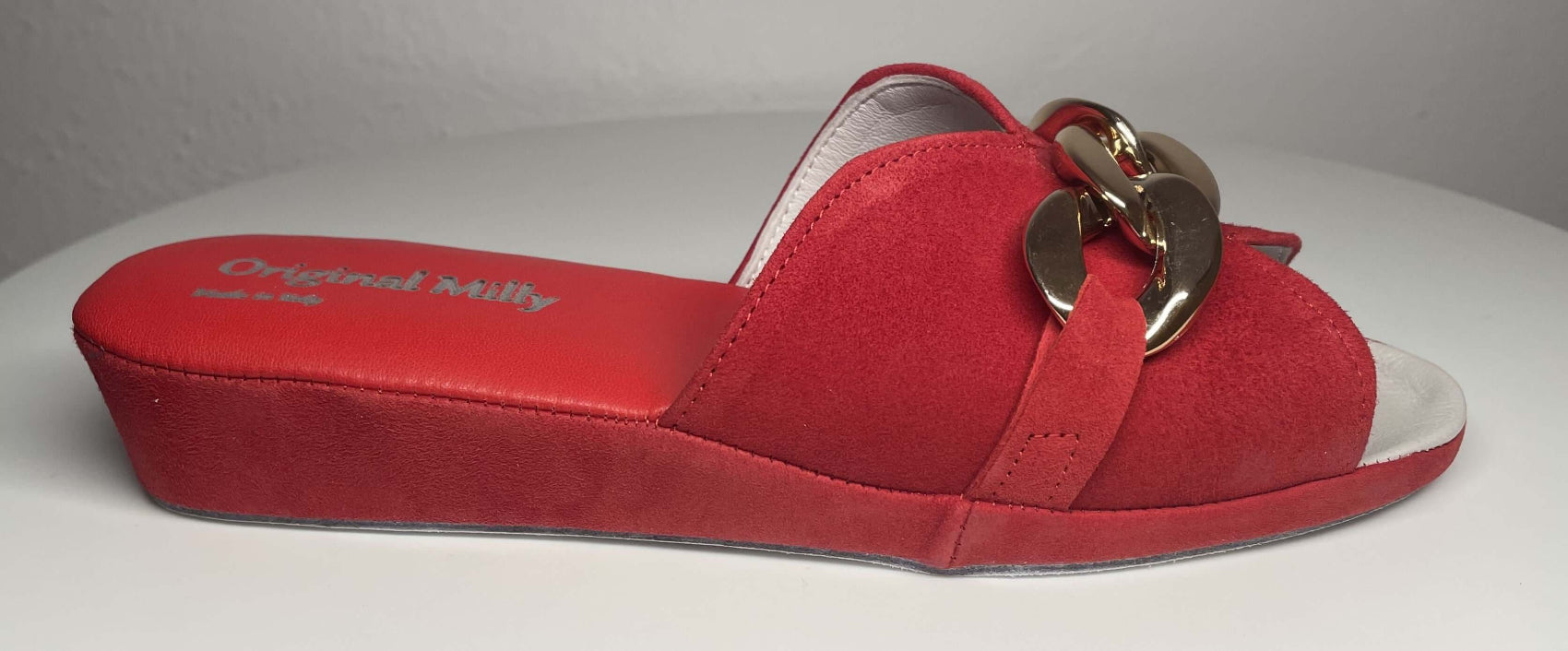 0106 Camoscio Rosso con catena in Oro Suola Bufalo Ciabatte da camera Donna Original Milly Made in Italy