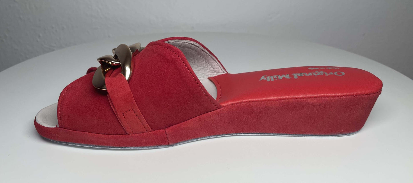 0106 Camoscio Rosso con catena in Oro Suola Bufalo Ciabatte da camera Donna Original Milly Made in Italy