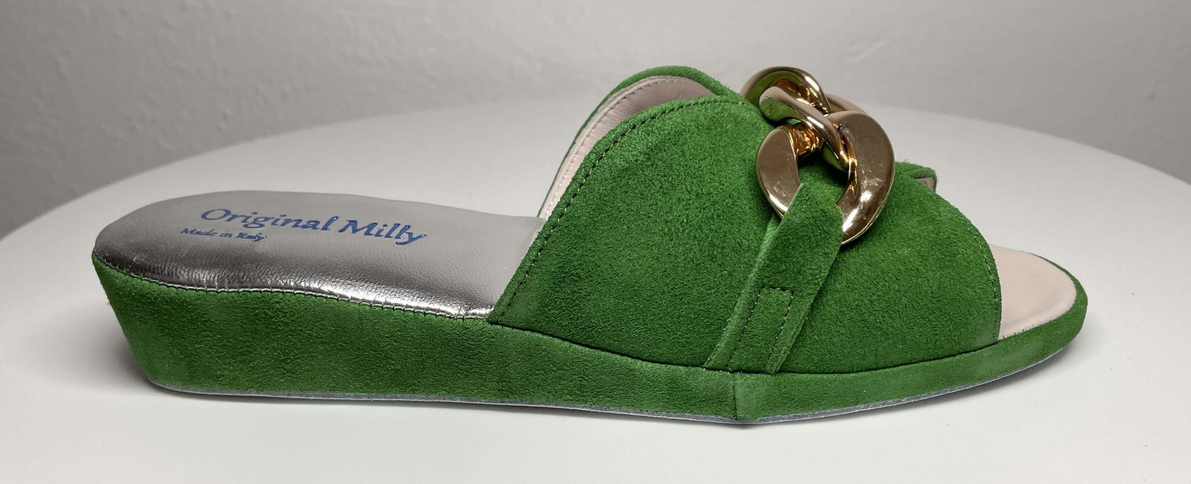 0106 Camoscio Verde con catena in oro Suola Bufalo Ciabatte da camera Donna Original Milly Made in Italy