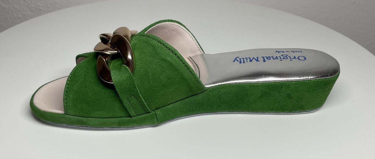 0106 Camoscio Verde con catena in oro Suola Bufalo Ciabatte da camera Donna Original Milly Made in Italy