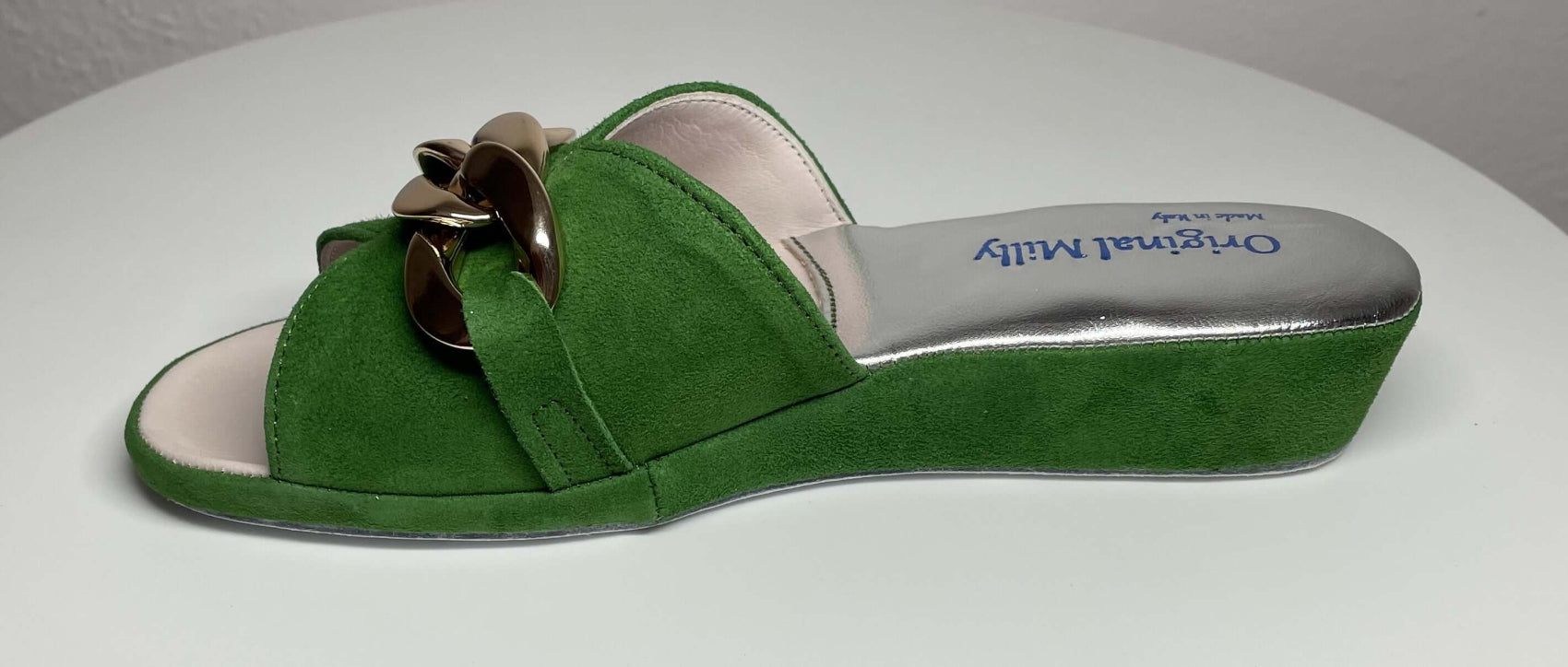 0106 Camoscio Verde con catena in oro Suola Bufalo Ciabatte da camera Donna Original Milly Made in Italy