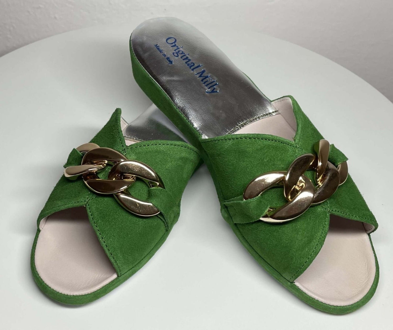 0106 Camoscio Verde con catena in oro Suola Bufalo Ciabatte da camera Donna Original Milly Made in Italy