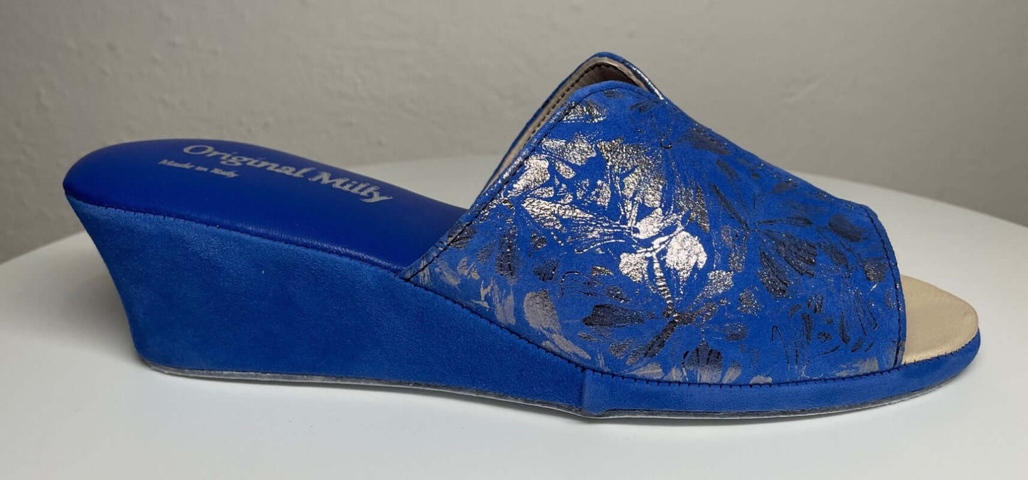 0112 Camoscio Blu a fiori Suola Bufalo Ciabatte da camera Donna Original Milly Made in Italy