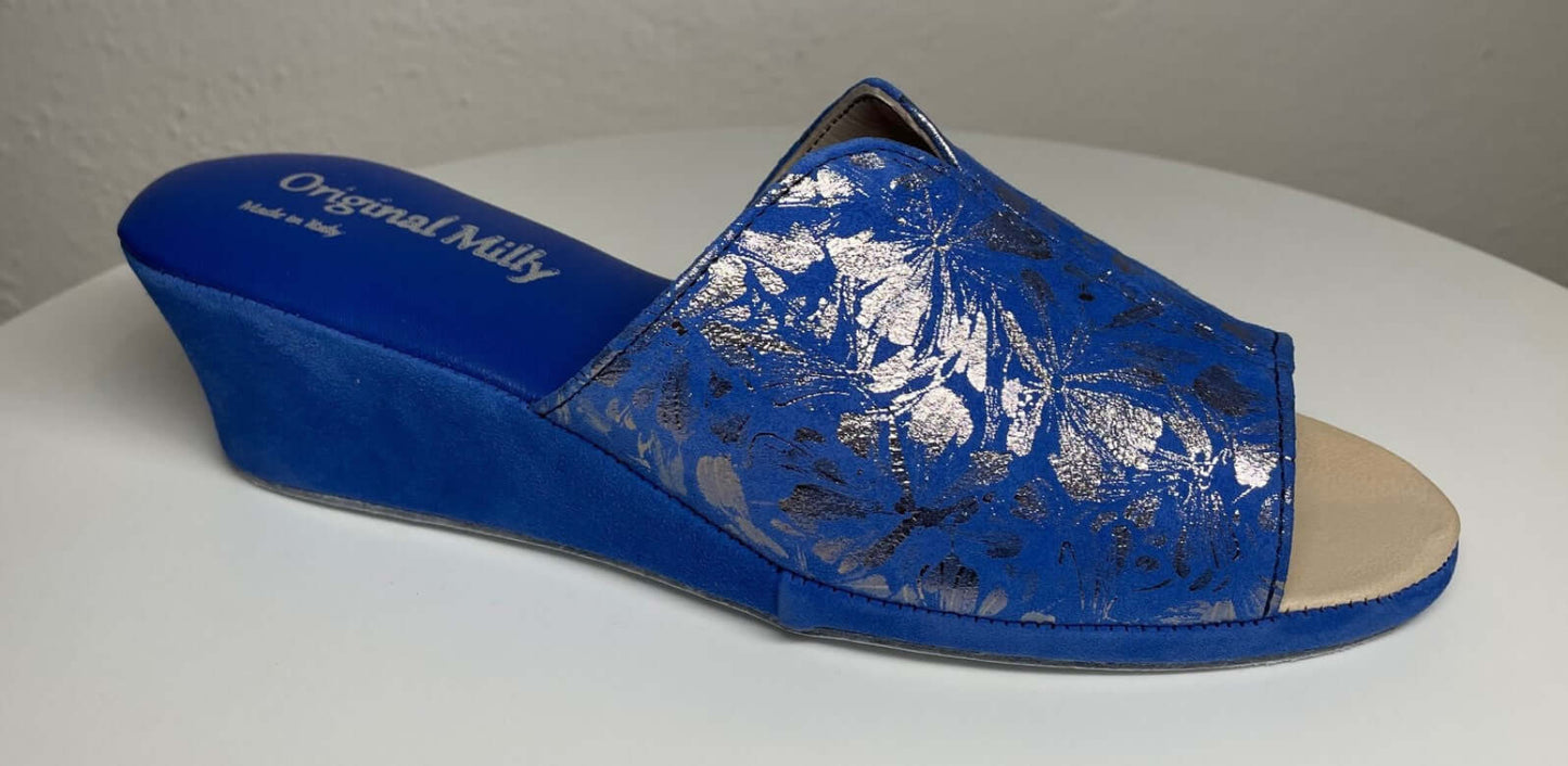 0112 Camoscio Blu a fiori Suola Bufalo Ciabatte da camera Donna Original Milly Made in Italy