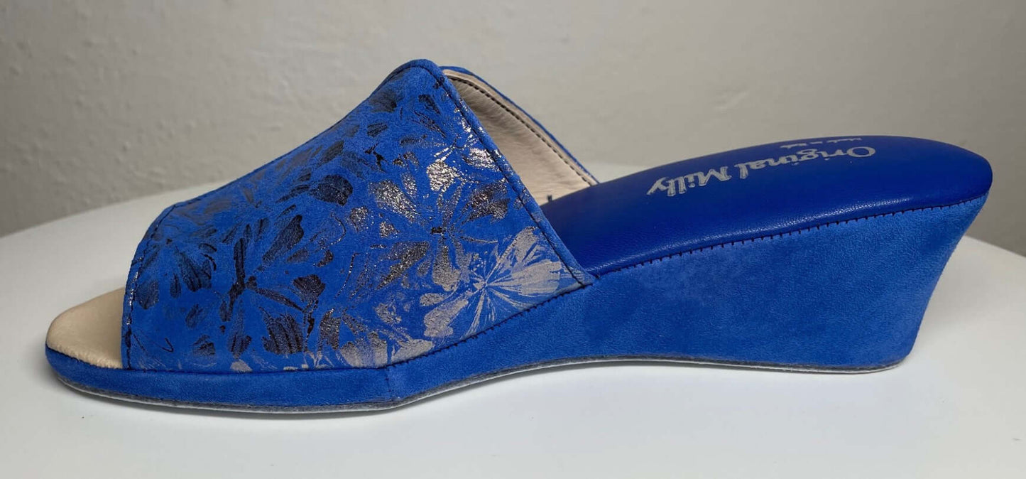 0112 Camoscio Blu a fiori Suola Bufalo Ciabatte da camera Donna Original Milly Made in Italy