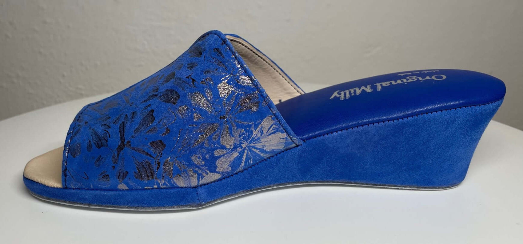 0112 Camoscio Blu a fiori Suola Bufalo Ciabatte da camera Donna Original Milly Made in Italy